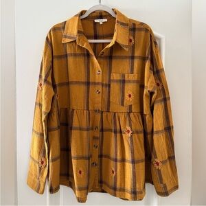 Easel Plaid Embroidered Floral Babydoll Button Up Shirt Med/Lrg